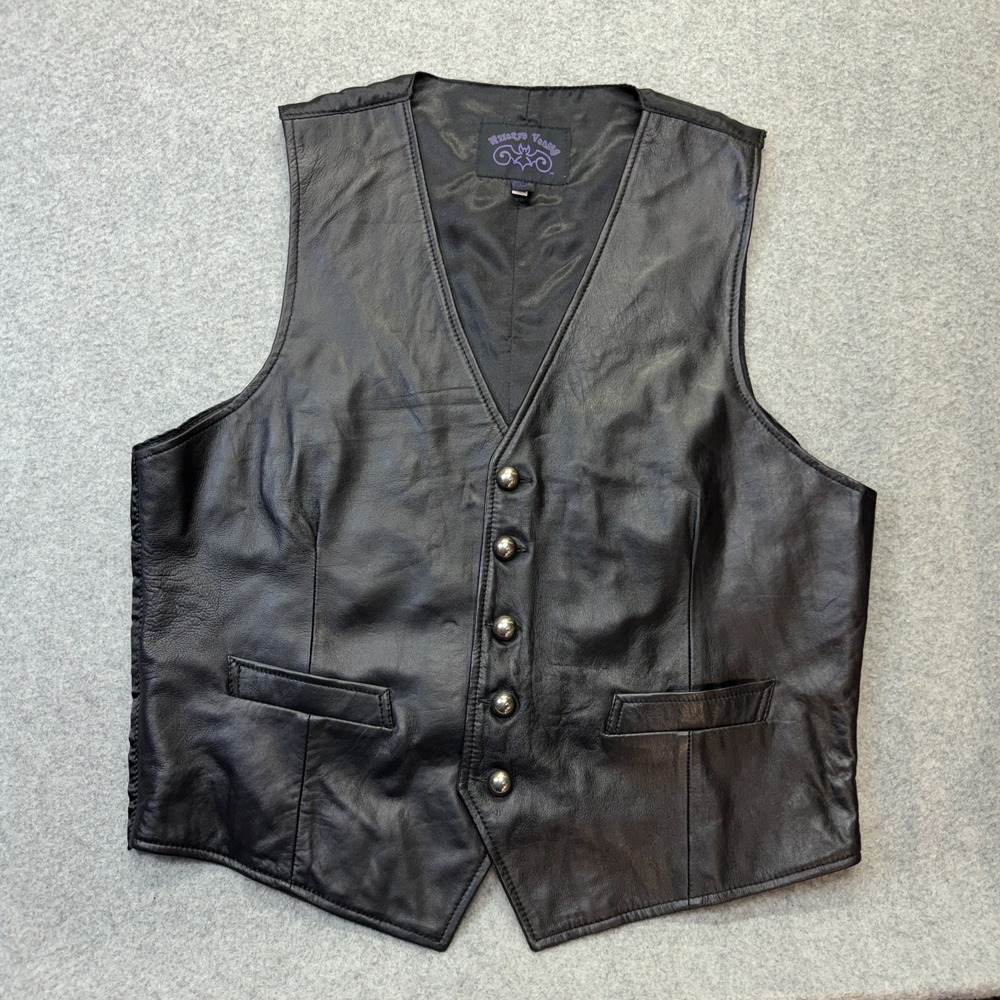 Hilary's Vanity Black Leather Vest Men's 3X Biker Style Lined Button Front